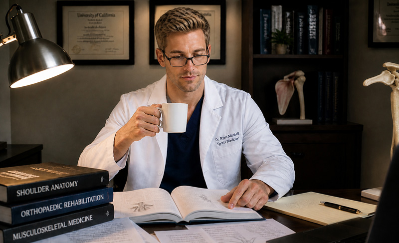 Doctor studying orthopedic rehabilitation research late into the night